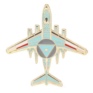 Detailed blue enamel airplane fighter jet lapel pin with gold plating for backpack decor