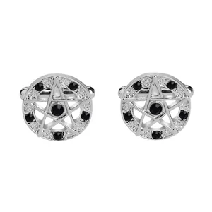 Gemelli da uomo con pentagramma in argento, strass neri e chiusura a T lucidata