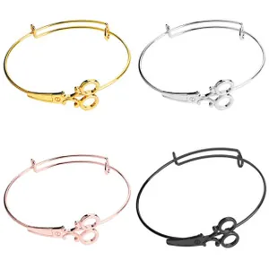 Set of four adjustable alloy heart bracelets with scissor charms in gold, silver, and black