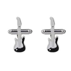 Boutons de manchette guitare électrique en argent poli avec émail pour chemises homme