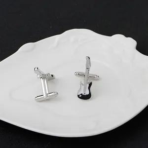 Boutons de manchette guitare électrique pour homme en métal argenté et émail