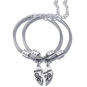Silver mother daughter heart bracelets with engraved love beads and split heart pendants