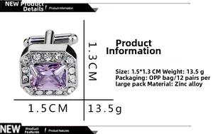 Détails des boutons de manchette argentés avec zircon violet et dimensions 1,5x1,3cm