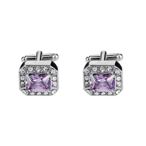 Boutons de manchette argentés avec zircon violet carré et pavé de cristaux pour hommes