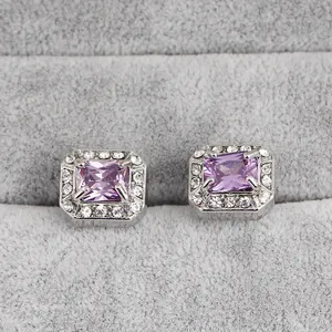 Boutons de manchette carrés argentés avec pierres de zircon violettes et pavés