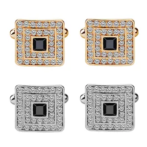 Gemelli quadrati in oro e argento con pietre nere e cristalli scintillanti per camicie