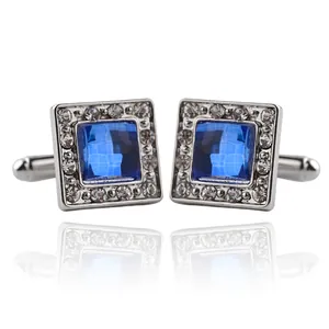 Boutons de Manchette Carrés en Alliage Strass pour Hommes Boutons de Manchette de Luxe Gemme Bleue Cristal pour Costume de Mariage Fête Cadeau