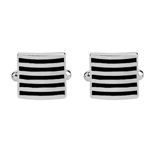 Square silver business cufflinks with black stripes and polished metal finish for men