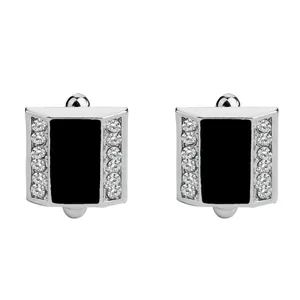 Square silver cufflinks for men with black inlay and sparkling rhinestones on white background