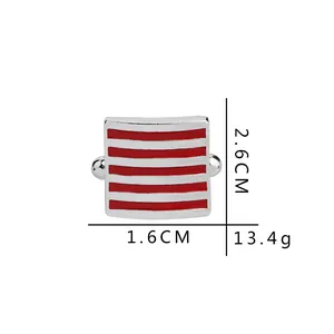Silver square cufflinks for men with red and white enamel stripes, 2.6cm x 1.6cm size