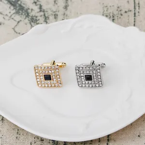 Gemelli da polso quadrati stile francese con pietra nera e strass bianchi per uomo