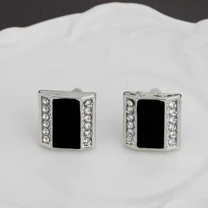 Men's Square Silver Black Enamel Cufflinks With Rhinestone Inlaid Fashion French Shirt Accessories For Wedding Business Suits