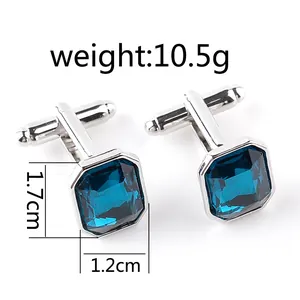 Classic silver-tone cufflinks with blue square crystals for men's formal shirts