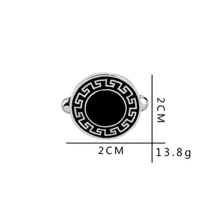 Boutons de manchette ronds en argent avec émail noir et motif de méandre grec chic