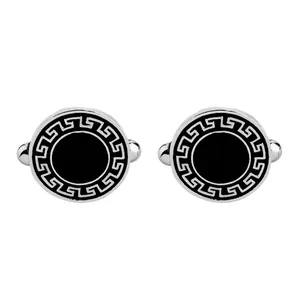 Boutons de manchette ronds argentés pour hommes avec émail noir et motif grec classique
