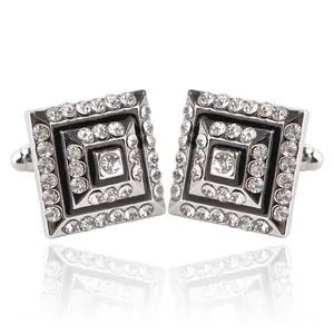 Men Business Square Alloy Rhinestone Cufflinks With Black Enamel Vintage Luxurious French Shirt Cufflinks For Wedding Office Jewelry