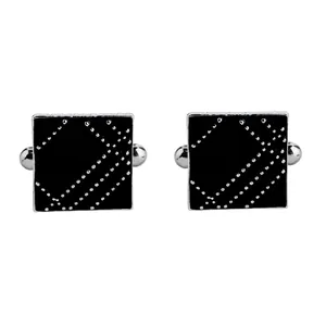 Classic square cufflinks with black enamel and silver geometric pattern on white background