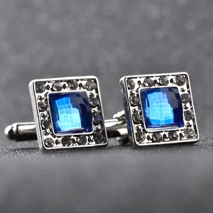 Elegant men's square cufflinks with blue faceted zircon and silver base in a 1-pair set