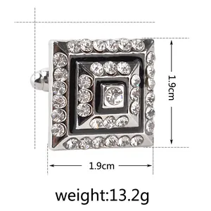 Square silver metal cufflinks with black enamel and rhinestones, size 1.9cm x 1.9cm