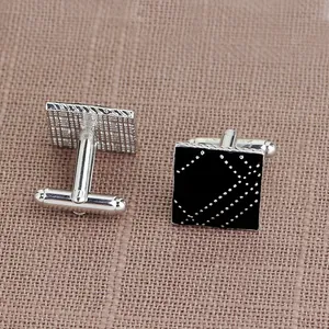 Classic silver-tone square cufflinks with black enamel grid and silver dots for men