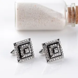 Men square cufflinks with black enamel and silver pave crystals for French shirts