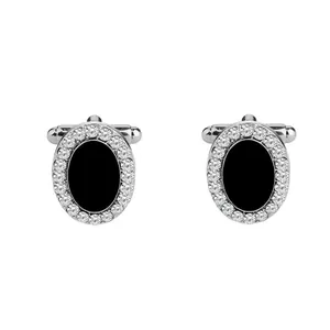 Boutons de manchette homme élégants en argent avec incrustation noire et cristaux blancs