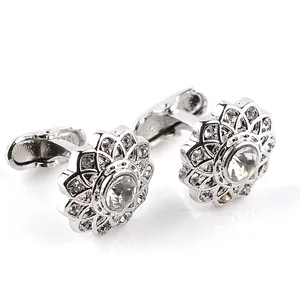 Luxury Round Floral Rhinestone Cufflinks For Men Silver Alloy Crystal Flower Cuff Links Wedding Business Shirt Accessory