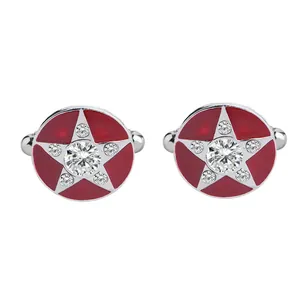 Silver round cufflinks with red enamel star and sparkling crystals for mens shirts