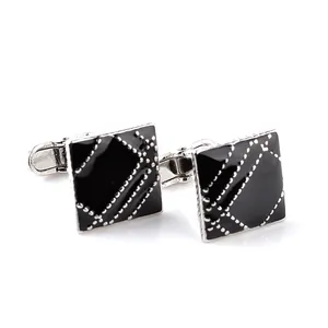 Men's Square Black Enamel Geometric Grid Cufflinks Alloy Electroplated Business Shirt Cuff Links Silver Dot Pattern Jewelry Accessory