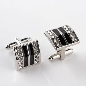 Gemelli da Uomo di Lusso Quadrati in Lega con Strass Argento Nero Smalto a Strisce Gioielli per Camicia da Affari
