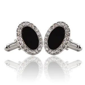 Boutons de Manchette Hommes Affaires Alliage de Zinc Argent Noir Strass Ovale Chemise Française Mariage Fête Formelle Bijoux Accessoires Cadeau