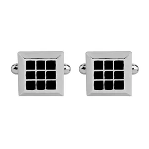 Boutons de manchette carrés classiques pour hommes avec motif de grille 3x3 noir et argent