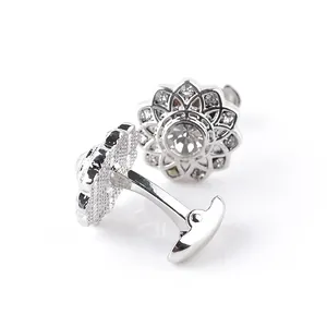 Silver flower cufflinks for men with central crystal and sparkling diamond accents