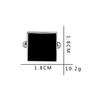 Classic square men's cufflinks with black enamel finish and silver metal border, 1.8cm size