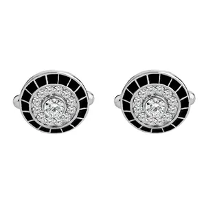 Silver round cufflinks with large center stone and black enamel art deco pattern
