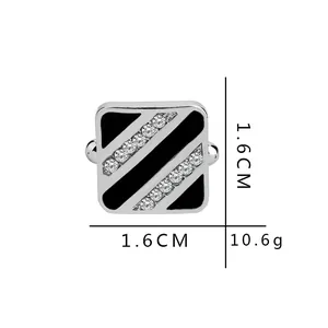 Boutons de manchette carrés classiques avec émail noir et rayures en strass argentés