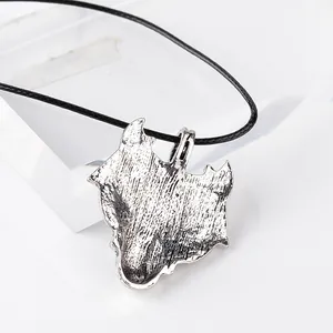 Vintage zinc alloy wolf head pendant necklace with antique silver finish and black cord