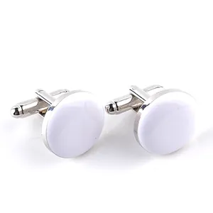 Classic silver and white round men's cufflinks with polished finish and T-bar closure