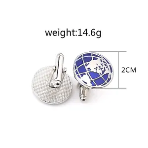Polished silver metal globe cufflinks with blue enamel world map design for men