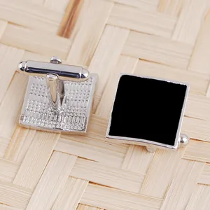 Mens square silver and black enamel cufflinks with classic swivel T-bar closure