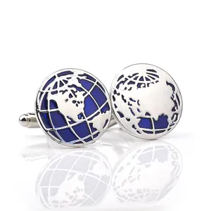 Men's Silver Blue Round Earth World Map Cufflinks Alloy Enamel World Map Cuff Links For French Shirts Business Wedding Jewelry