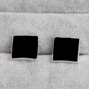 Classic French square cufflinks with black enamel inlay and silver metal frame for men