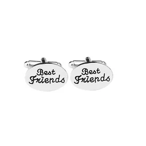 Détail de boutons de manchette ovales argentés gravés Best Friends pour hommes