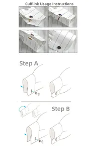 Guide showing how to wear metal cufflinks with round dark gemstones on a blue striped shirt