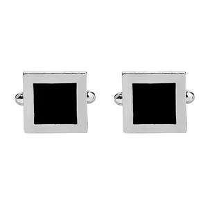 Classic square men's cufflinks with silver polished metal frames and black enamel inserts