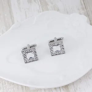 Elegant square men's cufflinks with sparkling crystals and silver plated metal finish