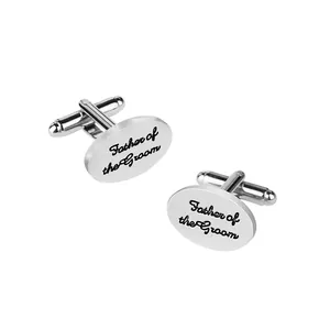 Boutons de manchette ovales argentés polis avec gravure Father of the Groom pour mariage