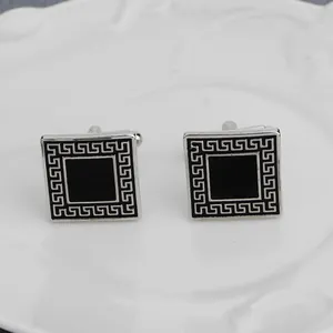 Classic square men's cufflinks with black enamel and silver greek key pattern