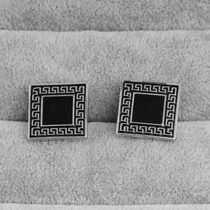 Square cufflinks for men with black enamel center and Greek key pattern in silver finish