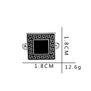 Square silver cufflinks for men with black enamel and Greek key pattern, 1.8cm size
